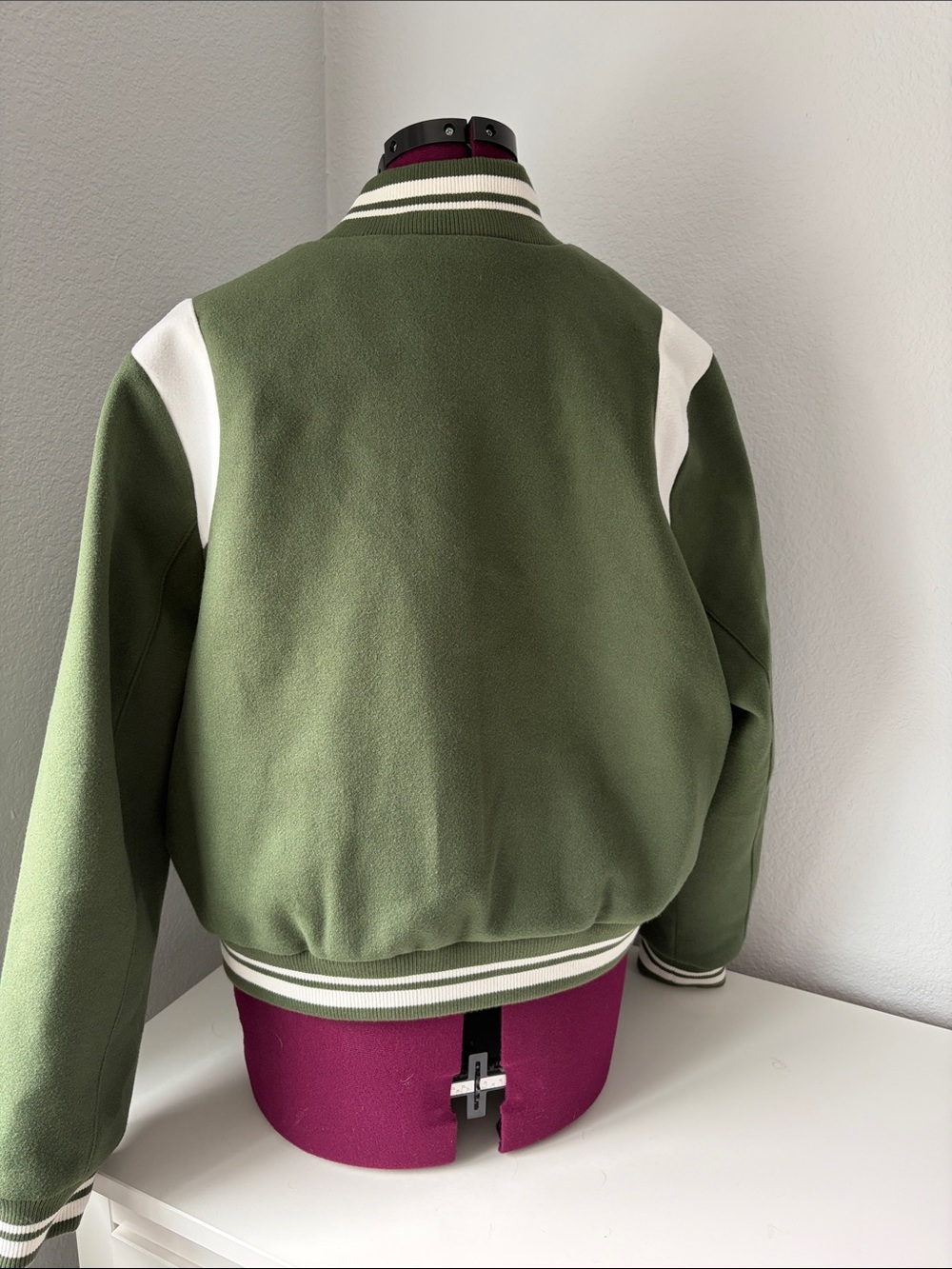 Olive Green Varsity Jacket with White Accents - Picture 3 of 5